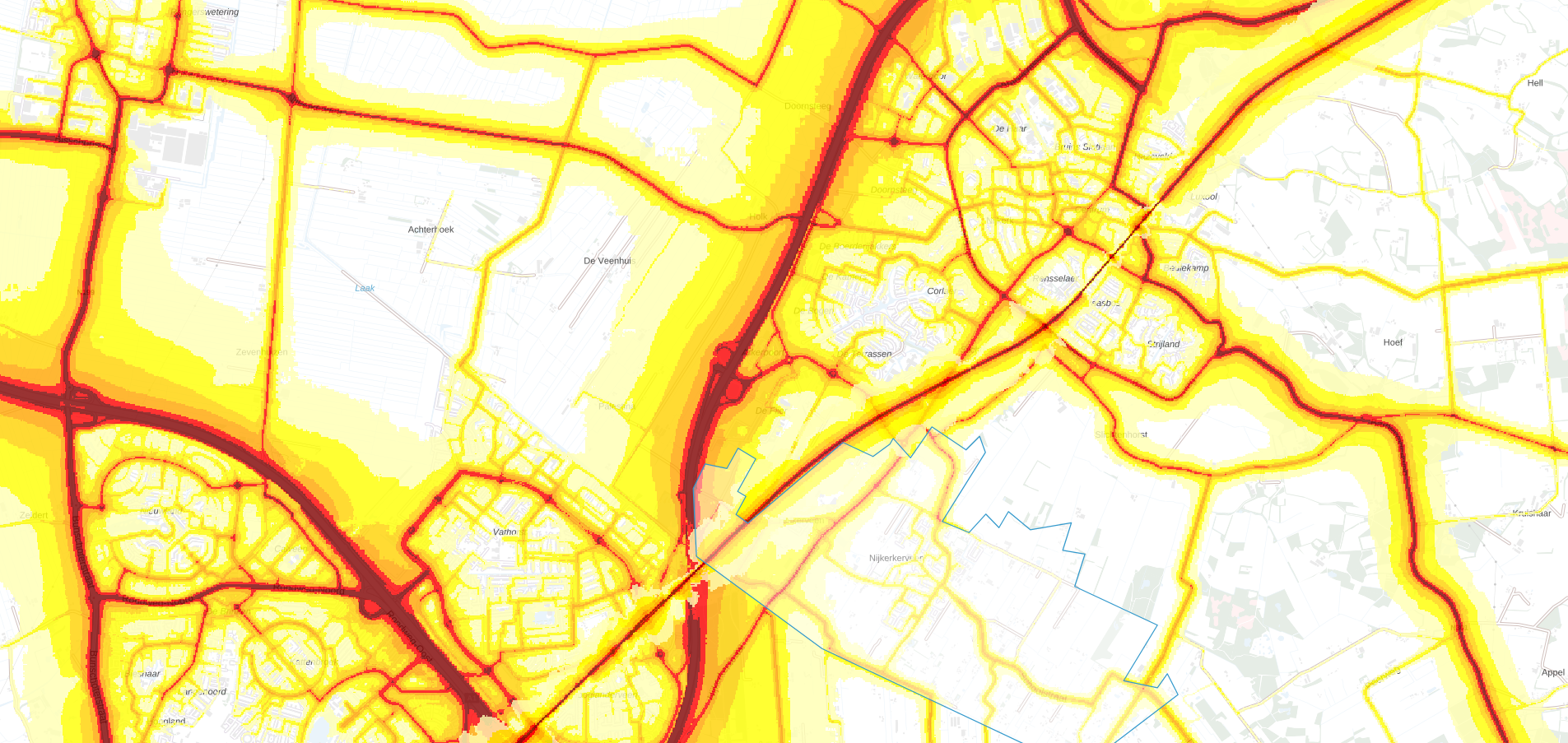 Detail van een geluidcontourenkaart langs een provinciale weg