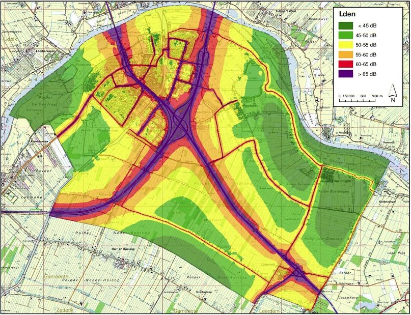 Lden geluidcontourenkaart van wegverkeerslawaai rond een verkeersknooppunt